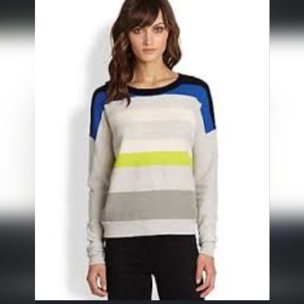 Diane Von Furstenberg DVF Striped Cashmere Sweater with lime yellow S Grey - Picture 4 of 11